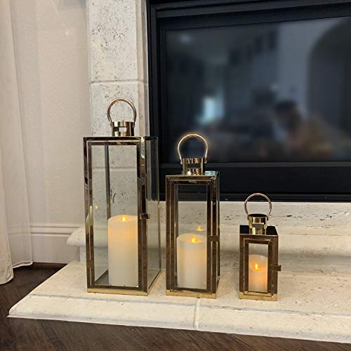 Image of Allgala 3-PC Lantern Set 23 Inch Jumbo Deluxe Modern Indoor /Outdoor Candle Lantern Set Stainless Steel Frame Tempered Glass Rectangular Gold Color for Garden Poolside Fireplace Wedding