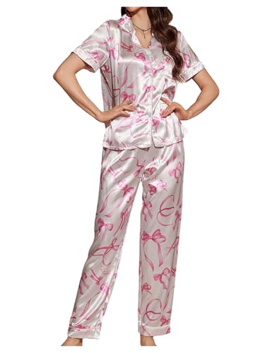 SHENHE Women's Bow Pajamas Satin Button Down Short Sleeve Cute Pjs Pants Set Silky Loungewear