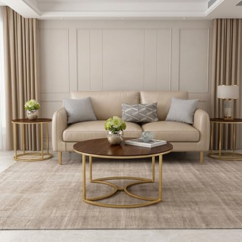 Image of 3 Piece Living Room Table Set, 1 Center Table and 2 End Nesting Tables NO-Tools Assembly Round Stacking Coffee Side Tables for Small Spaces, Nightstand Bedside Table