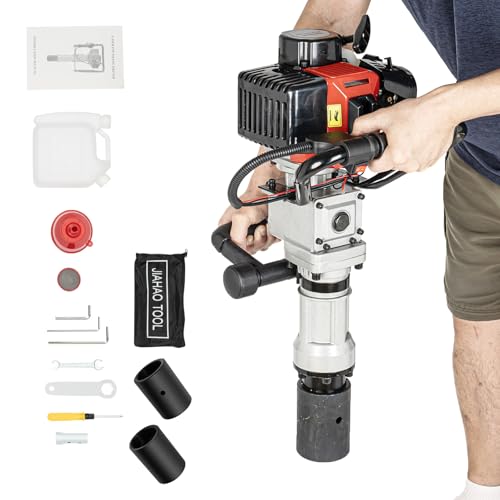 POIOKLJRE Gasoline Post Driver, 32.7CC Gas Powered Post Driver, Pile Driver for Construction Work,Fuel Capacity 1.72gal, Dual Sockets and Shock Absorbing Design for Safe and Efficient Operation