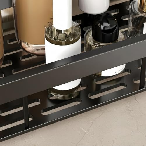 Image of amazon basics Self Adhesive Bathroom Shelf for Wall, Bathroom Organiser Without Drill, Rust Resistant Wall Mounted Bathroom Rack for Shampoo, Soap & Toiletries, Black, Pack of 1