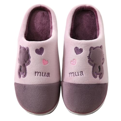 Women's Cartoon Pink House Slippers with Cat Pattern Fuzzy Plush Slip-On All Season Comfortable Indoor Shoes for Bedroom