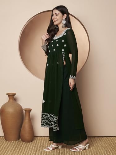 Image of PH POSHAKHUB Women A-Line Nyra Cut Kurta with Sharara in Georgette with Aari Work