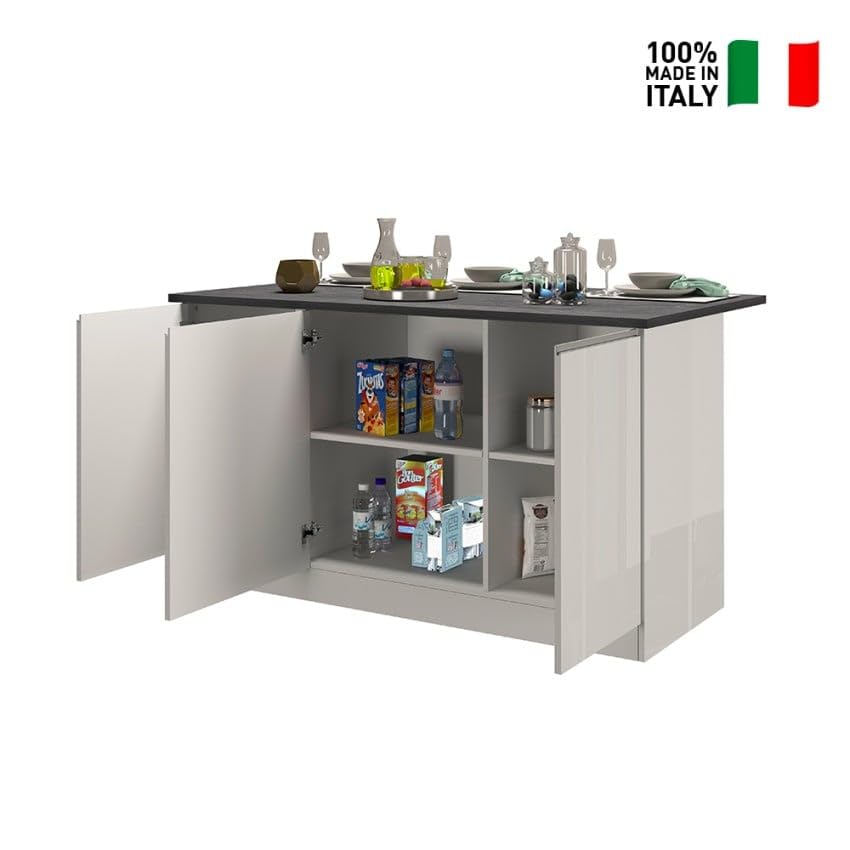 Isola centrale 3 ante per cucina moderna 155x90x90cm con tavolo Deaton - Bianco - Grigio