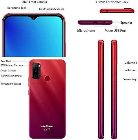 Ulefone SIM-Free & Unlocked Mobile Phones, 128GB Phone Storage, 3GB ROM, Note 10P, 4G Network, Android 11, 5500mAh Battery, Three Card Slots, 13MP Camera, 6.52 inch Display, Fingerprint Face ID, Red