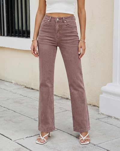 GRAPENT Womens Plus Size High Waisted Flare Ripped Jeans Stretch Jeans 70s Outfits Wide Leg Pants Color Pecan Brown Size 12-14