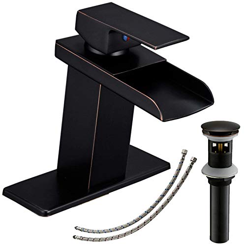 BATHLAVISH Oil Rubbed Bronze Bathroom Faucet Waterfall for Sink 1 Hole with Pop Up Drain Assembly with Overflow 1 Handle Antique Vanity Basin Lavatory Mixer Tap Supply Line Lead-Free