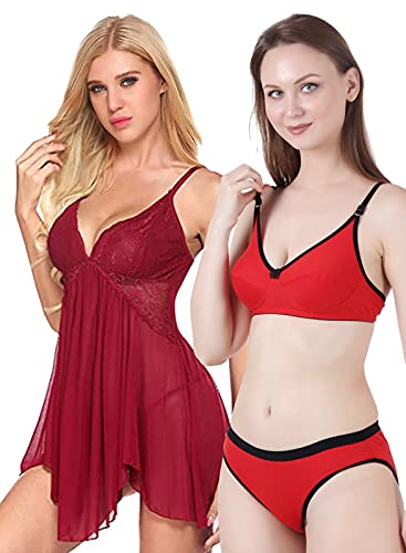 Image of Love Maker Lace Net Stylish Women Nightwear with Cotton Bra Panty Set for Women, Non Padded Bra Panty Set for Women & Night Wear Honeymoon Nighty for Women.