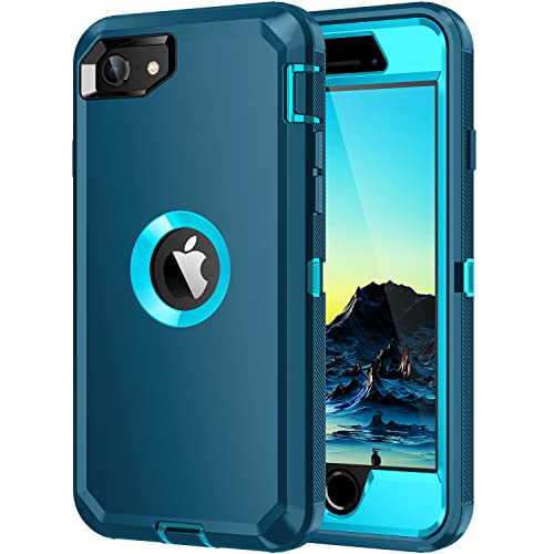 Mieziba for iPhone SE 2022/2020 Case,[Built in Screen Protector] Heavy Duty Shockproof 3 Layers Full Body Protection Rugged Cover for iPhone SE(3rd/2nd Gen) 4.7',Turquoise