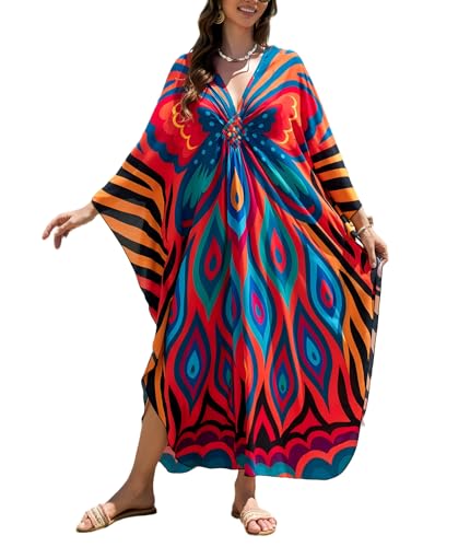 Image of IMAGEKOPE Women's Plus Size Animal Print V-Neck Batwing Kaftan Beach Dress Bathing Suit Cover-Up Loungewear