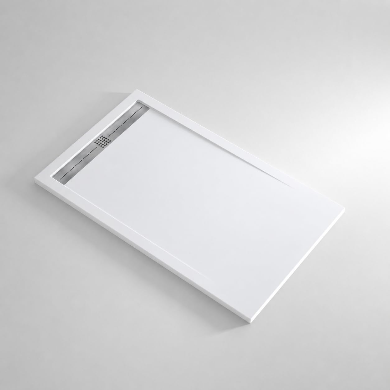 Plato de ducha resina FLOW desagüe lineal frontal color Blanco 140x80 textura lisa antideslizante rejilla inox con válvula