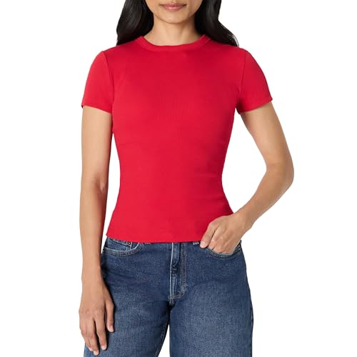 Amazon Essentials Damen (Demis Favorit) Slim-Fit-T-Shirt Elastischer Rippstrick Kurze Ärmel, Rot, XXL