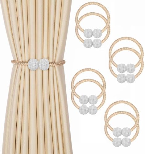 Image of INOVERA (LABEL) 8 Pieces Magnetic Curtain Tiebacks - Decorative Windows Curtain Tie Rope - Drapery Holdbacks for Home, Office (Beige)