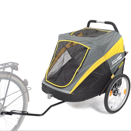 Großer Hundebuggy und Fahrradanhänger Trailer - Innopet Hercules Gelb/Grau - 2in1 mit Umbauset und Regenhaube - Leinen innen - Hundewagen bis 50kg belastbar - 45cm große hintere Luftreifen