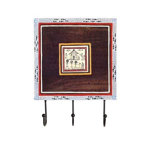 Image of AAKRITI ART CREATIONS Warli Art Wooden Towel Holder | Nira Bath Towel Hanger with Three Hooks | Handcrafted Bathroom Towel Hanger with Metal Art | Matte Finish Brown Wall Mounted Towel Holder
