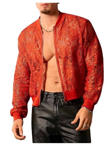 Image of WDIRARA Men's Floral Lace Bomber Jackets Long Sleeve See Through Outerwear