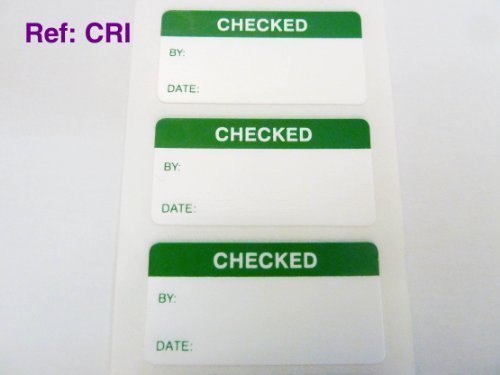 Pack of 50, Checked Labels, Tamper Evident Labels, 40x20mm Rectangle, Green on White, Stickers Break up on Attempted Removal