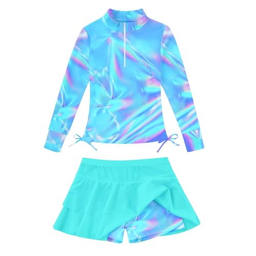 Image of Vogseek 3-12T Girls Rash Guard 2 Pieces Bathing Suit Long Sleeve Swimsuit Swimming Skirt with Shorts Swimwear