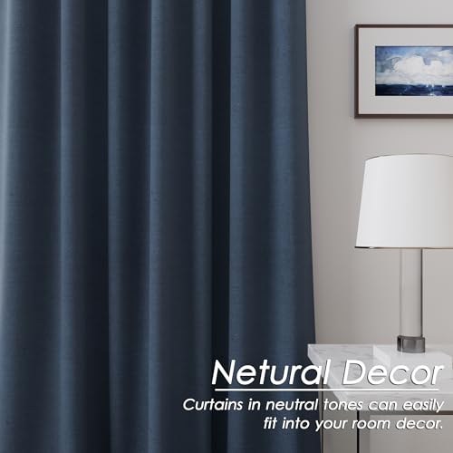 Image of Vintage Blue 100% Blackout Linen Curtains 108 Inches Long for Bedroom Back Tab Thermal Insulated Vintage Farmhouse Decor Black Out Curtain for Living Room Floor to Ceiling High Window 52x108, 2 Panels