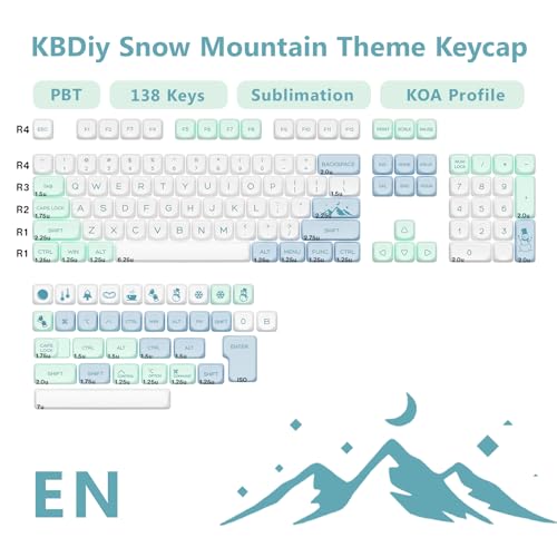 Image of KBDiy Snow Mountain KOA Profile Keycaps Set,Dye-Sublimation PBT Blue Custom Keyboard Keycap,138 Keys Cap Set for Cherry Gateron MX Switches Mechanical