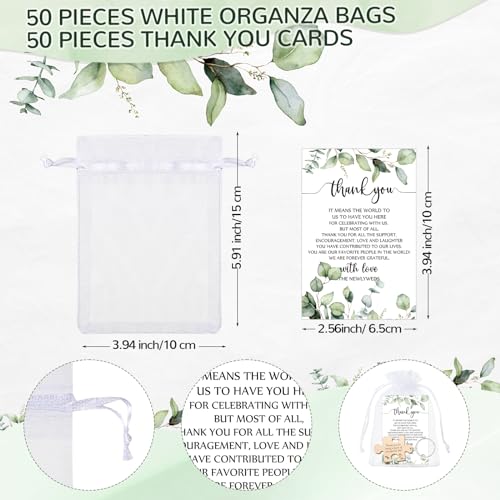 Sintuff 50 Sets Wedding Favors for Guests Rustic Wood Puzzle Keychain Thank You Card Organza Bag Wedding Party Bridal Shower Souvenir (Natural Wood)