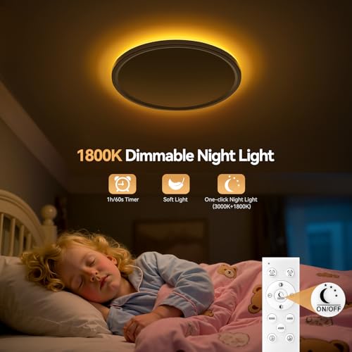 LED Ceiling Light Dimmable 24W Ceiling Lamp with Remote Control 6W 1800K Night Light Warm 3000K-6500K Ceiling Lights for Bedroom Kids Room Living Room Bathroom Kitchen Round White Ø29CM - Image 3
