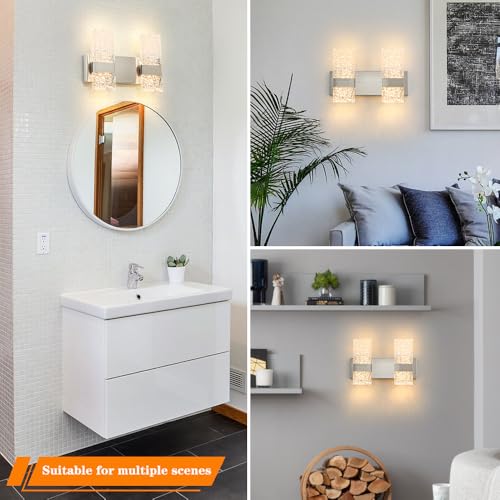 Image of Modern Brushed Nickel 2 Lights Bathroom Vanity Light, LED Bathroom Light Fixtures Over Mirror, Dimmable Acrylic Wall Lighting Fixtures, Hardwired Wall Light(H9.25in, L13.78in)