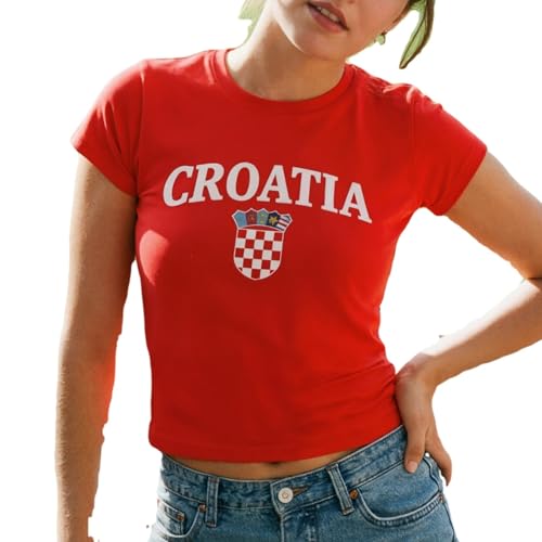 IDEWO Graphic Baby Tee National Flag England Espaa Crop Top T-Shirt Croatia Short Sleeve Slim Fit Retro Sports Jersey (Medium CROATI-B)