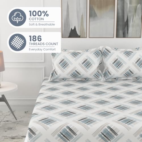 Image of LORETO - A QUALITY LINEN BRAND 186 TC 100% Pure Cotton Double /Queen Fitted Bedsheet with 2 Pillow Covers for 78 x 60 Inch Mattress, All-Around Elastic, 8 Inch Deep Pocket, Mist & Charcoal Grid