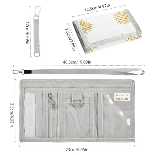 OTVEE Summer Gold Color Pineapple Fruits Trifold Wallet Fabric Wallet Small Nylon Wallet Card Wallet with Lanyard3