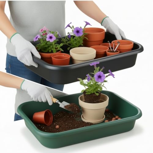 RooTrimmer 2 Pack Plant Repotting Tray Multifunctional Heavy-Duty Large Capacity Gardening Tool for Seeding Pot Moving Soil Mixing Hydroponic/Soil Cultivation Transplanting Black & Green