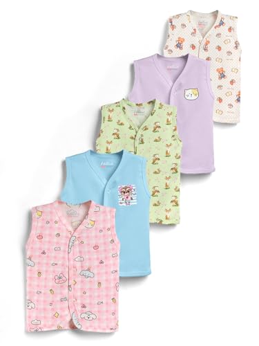 Image of HELLCAT 100% Cotton Front Open Jhabla Vest & T Shirt for Babies - Pack of 5 (Unisex,Sleeveless)