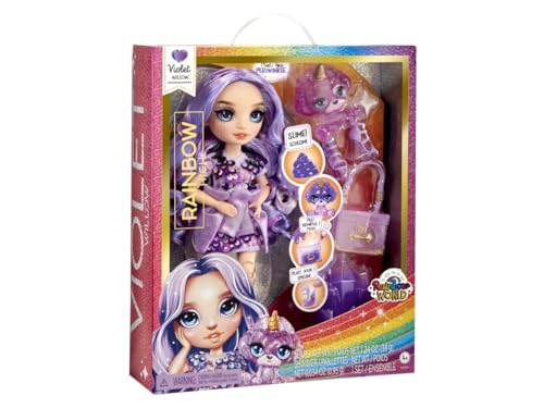 Muñeca Rainbow High Fashion Violet con Slime y Mascota miniatura 5