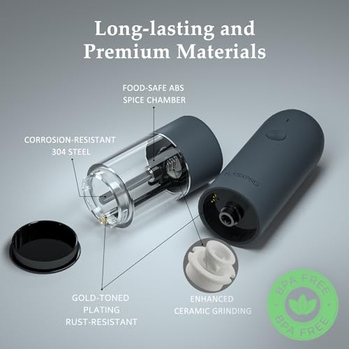 TLYSXPRO Electric Salt and Pepper Grinder Set with USB Rechargeable, Automatic One Hand Operation with Adjustable Coarseness, Pepper Mill Grinder Refillable with LED Light (2 Packs, Blue-Grey) - Image 3