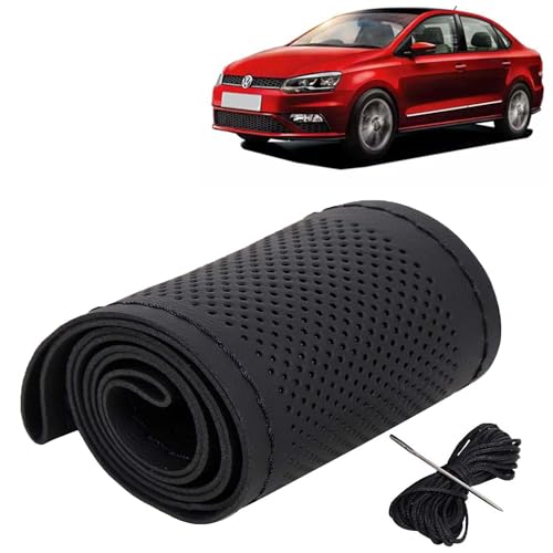 Image of KINGSWAY PU Leatherite Car Steering Cover Sewable Compatible with Volkswagen Vento (Year 2017 Onwards), Black Color with Black Thread, Pack of 1 with Sewing Needle and Thread