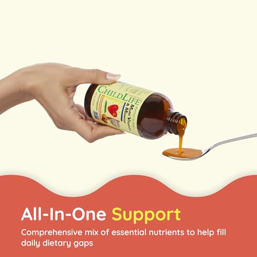 Image of CHILDLIFE ESSENTIALS Kids Multivitamin & Mineral, Orange /Mango, 8 Fl Oz | Vitamins for Kids, Liquid Multivitamin Supplement, Toddler & Baby Wellness, Natural, Mineral