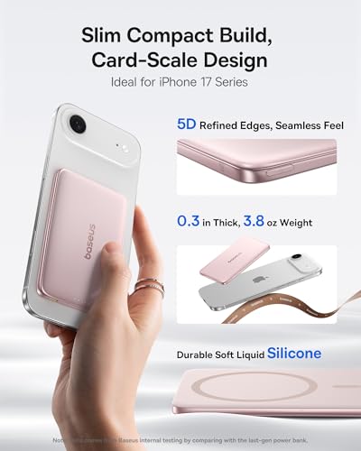 Image of Baseus Picogo Power Bank, 0.3 inch Ultra Slim 5000mAh MagSafe Battery Pack, Upgraded Polished Alloy Magnetic Portable Charger, Wireless Charger with USB-C Cable for iPhone 17 Pro Max /17 Air /16 /15 /14 /13 /12