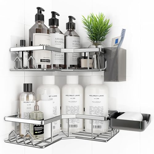 QHMCHLDZ Adhesive Shower Caddy, 4 Pack Corner Bath Organizer, Rustproof Stainless Steel Shower Shelves with Large Capacity, No Drilling Shelves for Bathroom Storage, Home, Kitchen Decor (Silver).