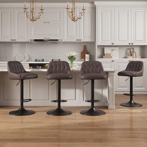 Image of MALOL Bar Stools Set of 4, Swivel Bar Chairs, Modern Adjustable PU Leather Upholstered Barstools Counter Height with Tufted Back for Bar, Kitchen Counter Island, Dining Room, Brown