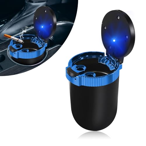 Image of Car Ashtray with Lid, Detachable Stainless Smokeless Ash Tray with LED Blue Light, Mini Portable Trash Can for Vehicle Cup Holder, Universal Interior Car Accessories (Blue)