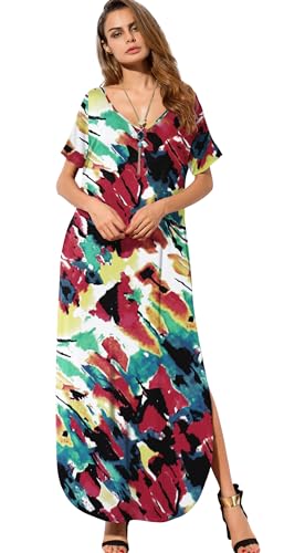 Image of GRECERELLE Women's Summer Maxi Dress Casual Loose V Neck Short Sleeve Side Split Long Dresses with Functional Pockets