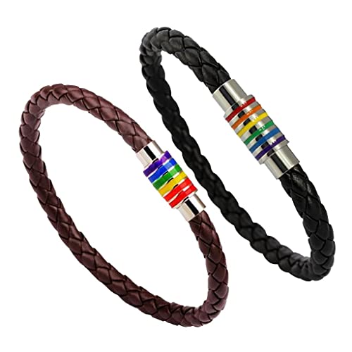 F Fityle 2pcs PU Leather Rainbow Wrist Band LGBT Pulseira Magnet Clasp Bracelet