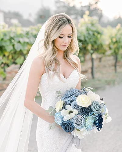 Facinoc Roses Artificial Flowers Blue Bouquet Box Set Fake Flowers For Diy Bridal Wedding Shower Centerpieces For Party Table Decorations Silk Floral Arrangements For Home Decor Indoor #TOP1