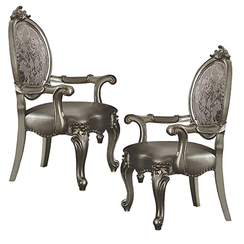 Benjara Wooden Arm Chairs with Fabric Upholstered Back, Set of Two, Silver
