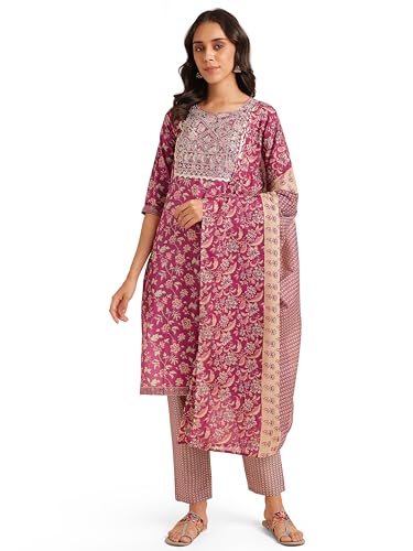 Image of MIRCHI FASHION Women's Straight Fit Pure Cotton Printed Kurta Set with Dupatta and Trouser