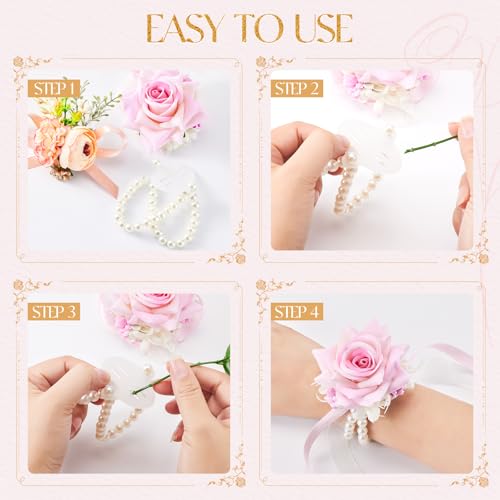 HIONXMGA Corsage Wristlet Band 4 Pcs Elastic Pearl Wrist Corsage Bracelets Bands for Women, Stretch Pearl DIY Handmade Prom Flower Supplies Accessories for Wedding Graduation Party2