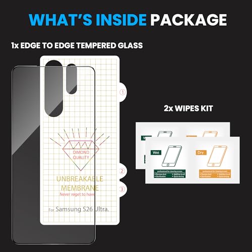 Image of ArmourPro Tempered Glass for Samsung Galaxy S26 Ultra with Back Clear Membrane Guard, Edge to Edge Screen Protector, Anti-Bubble, Anti-Fingerprint, Oil Resistant, Installation Kit | Black
