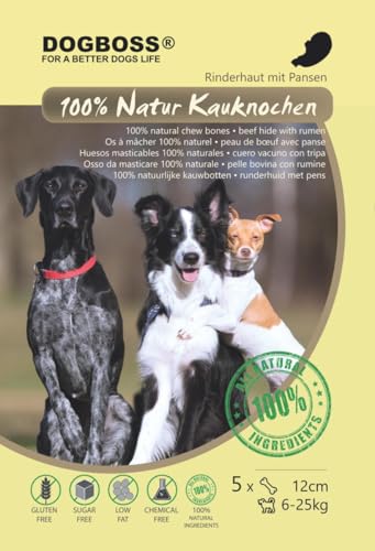 DOGBOSS 100% Natur Kauknochen Hundeknochen, Rinderhaut mit Pansen, 5 Stück 12 cm