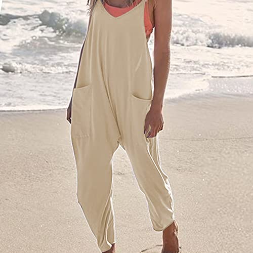 Seeluna Womens Casual Sleeveless Jumpsuits V-Neck Spaghetti Strap Wide Leg Romper Overalls Jumpsuit With Pockets(Apricot,L) #TOP6