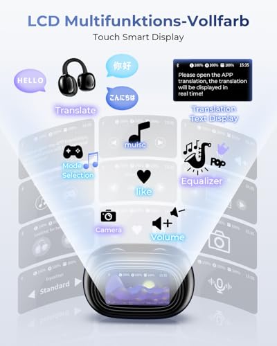 kentfaith KI Übersetzer Ohrhörer Echtzeitübersetzung 150 Sprachen & 16 Offline Sprachen, 6 Modi, Bluetooth 6.0, Ear-Clip-Ohrhörer mit Touchscreen-Ladecase für Reisen, Lernen & Geschäft - Schwarz